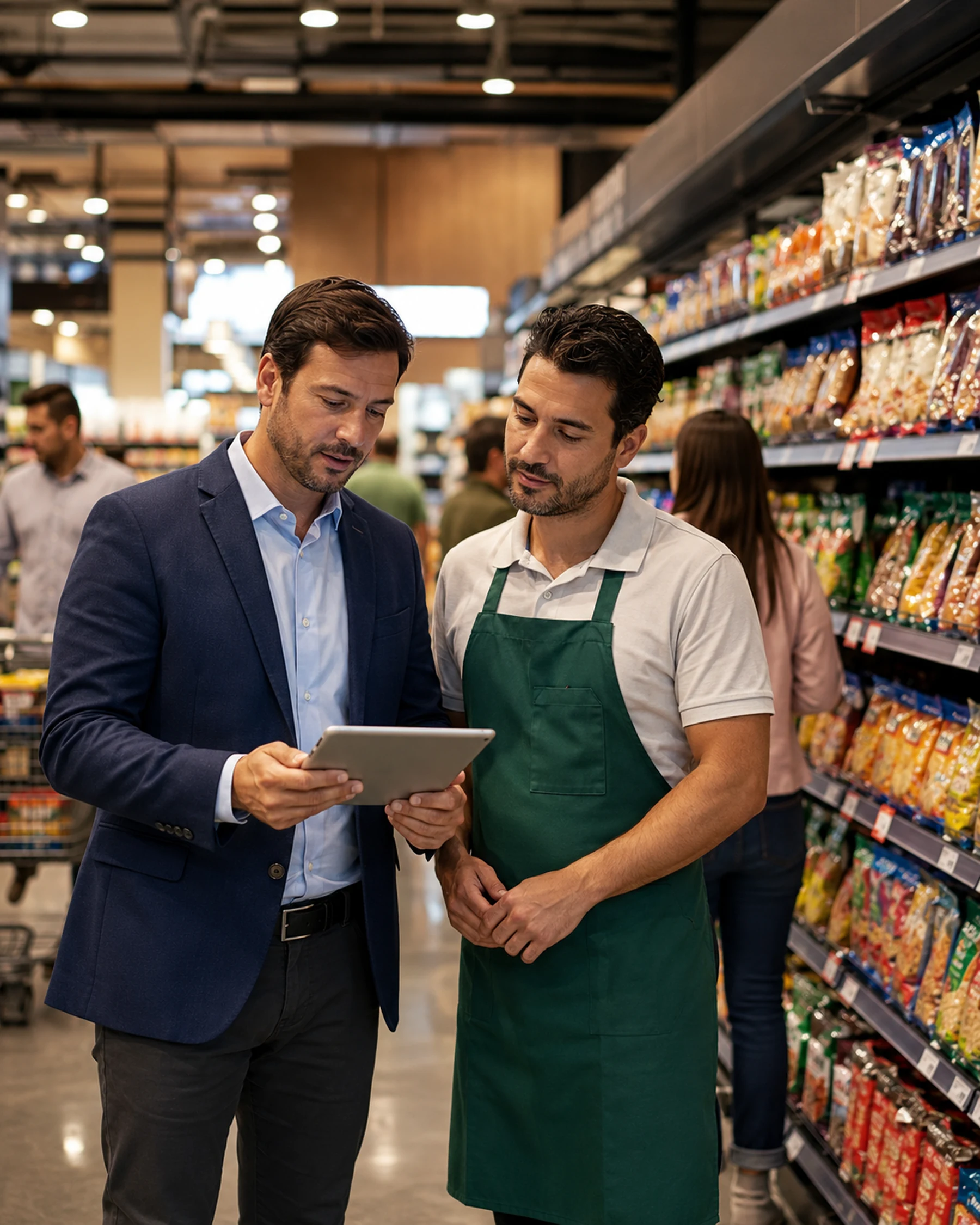 Jefe de tienda y colaborador revisando indicadores en un supermercado